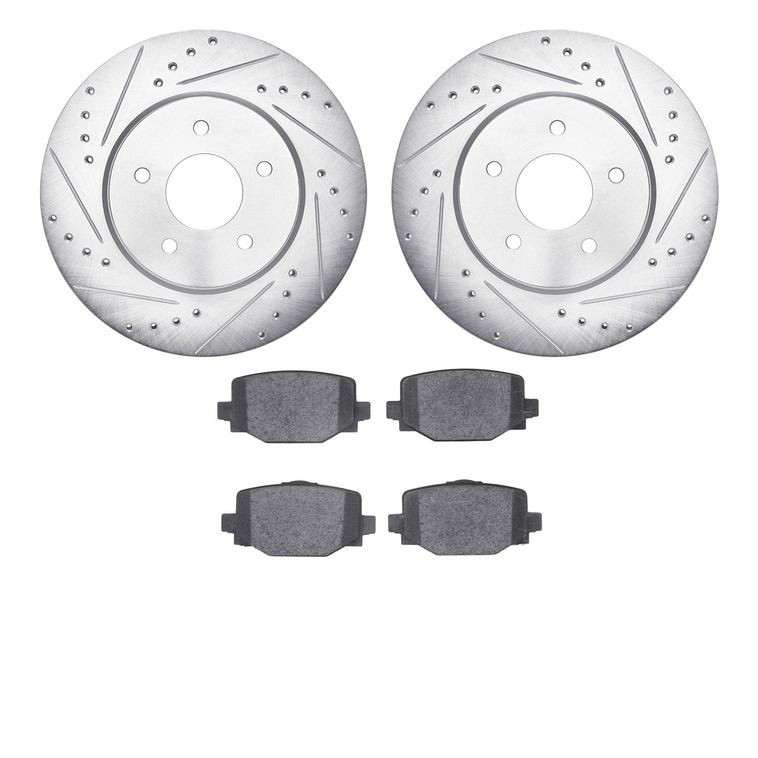 7502-68021 Drilled/Slotted Brake Rotors w/5000 Advanced Brake Pads Kit [Silver], Fits Select Infiniti/Nissan, Position: Rear