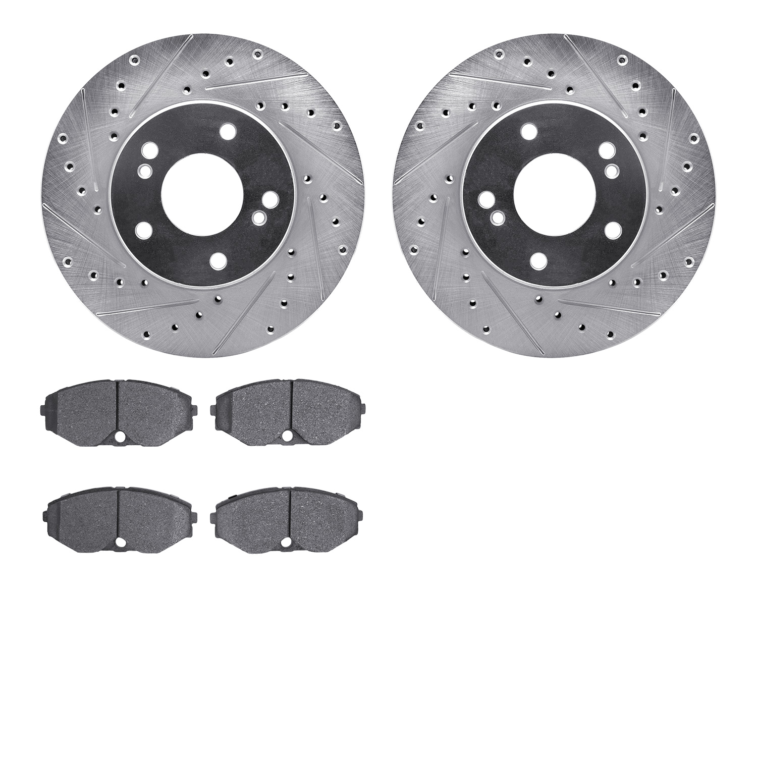 7502-68023 Drilled/Slotted Brake Rotors w/5000 Advanced Brake Pads Kit [Silver], 1990-1995 Infiniti/Nissan, Position: Front