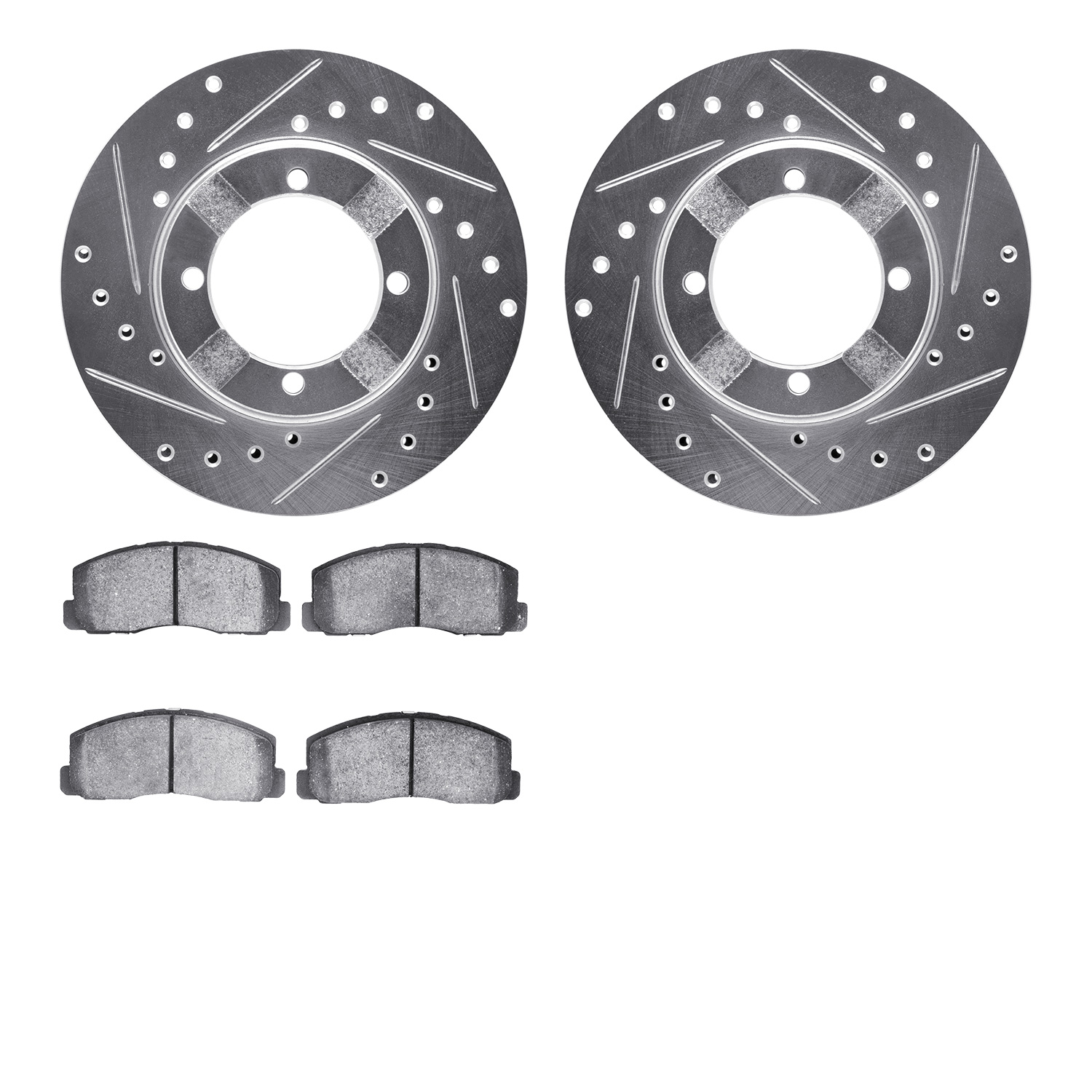 7502-72002 Drilled/Slotted Brake Rotors w/5000 Advanced Brake Pads Kit [Silver], 1983-1991 Multiple Makes/Models, Position: Fron