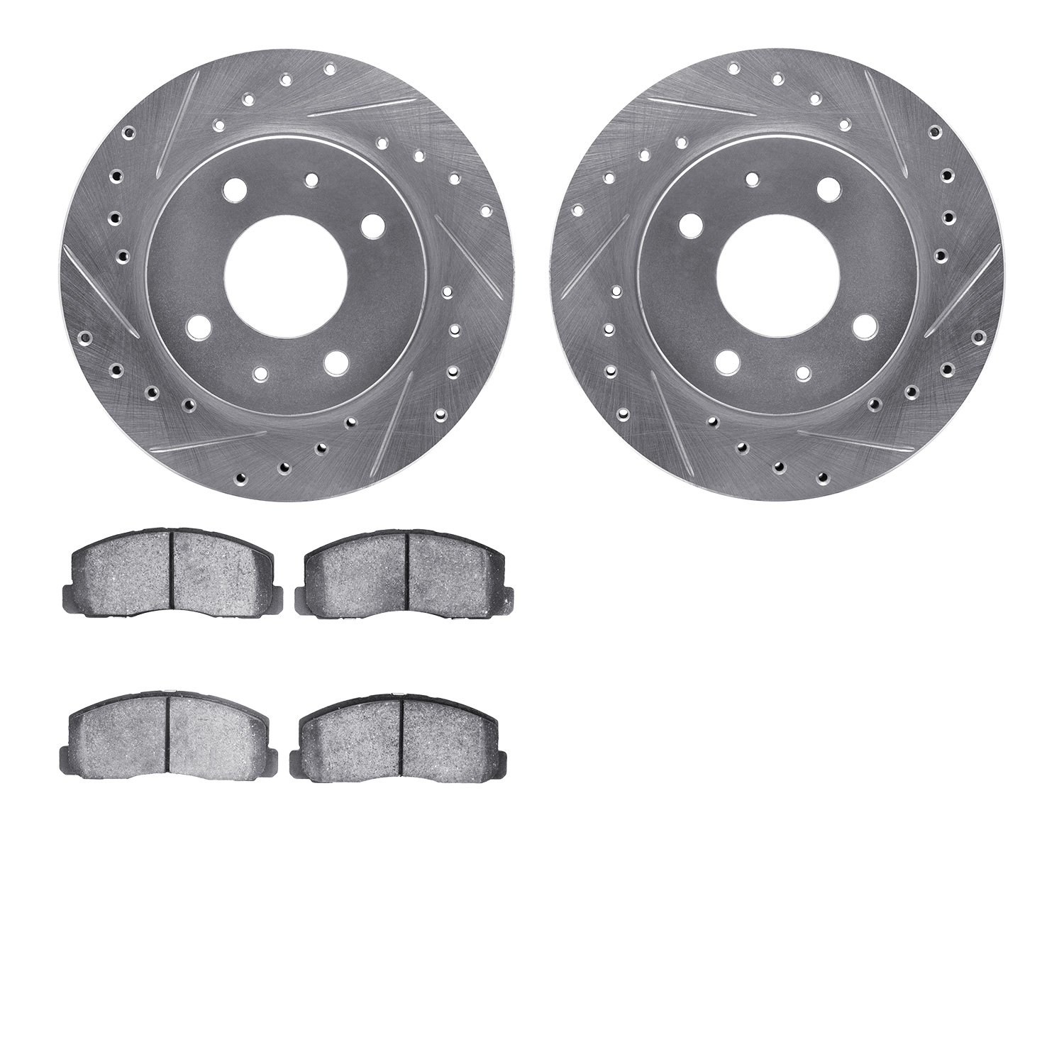 7502-72004 Drilled/Slotted Brake Rotors w/5000 Advanced Brake Pads Kit [Silver], 1985-1991 Multiple Makes/Models, Position: Fron