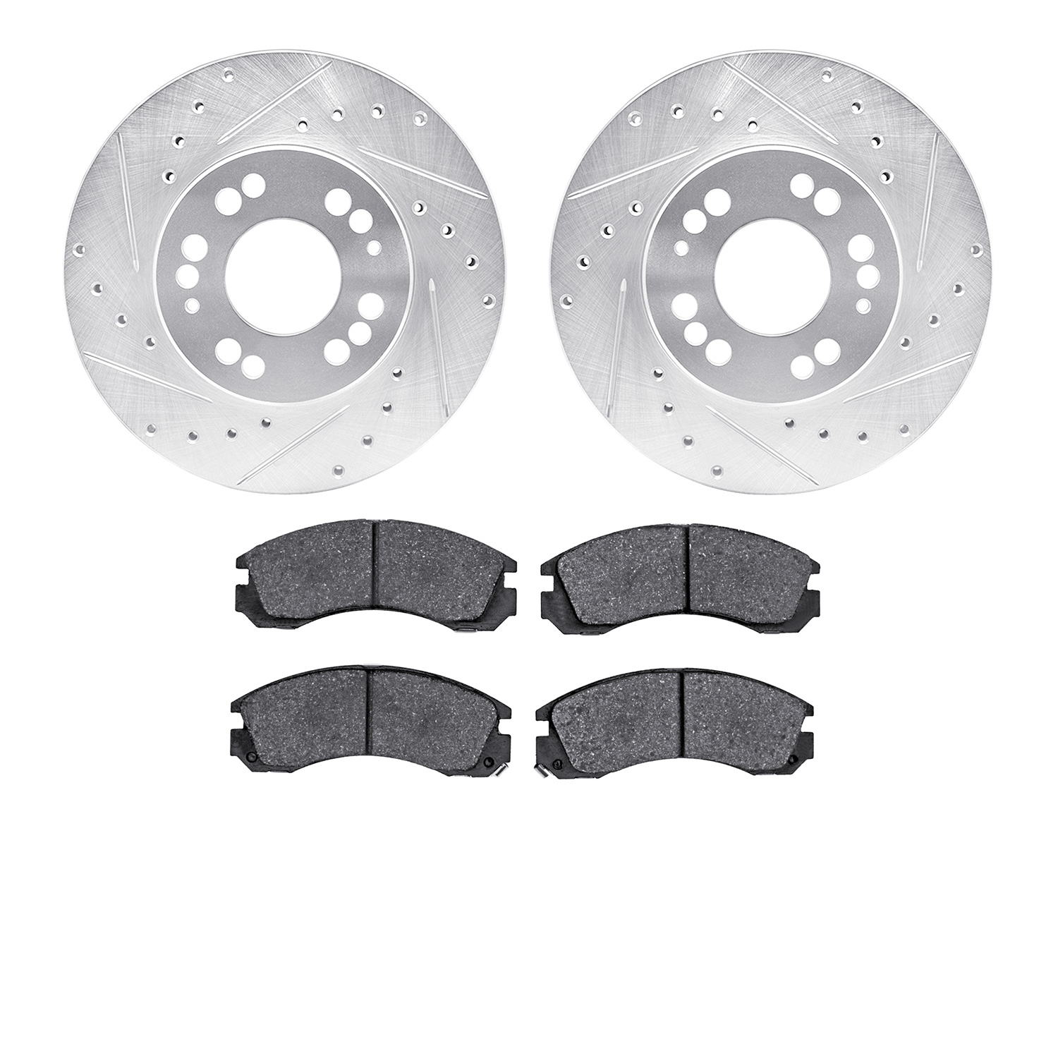 7502-72013 Drilled/Slotted Brake Rotors w/5000 Advanced Brake Pads Kit [Silver], 1991-2004 Multiple Makes/Models, Position: Fron