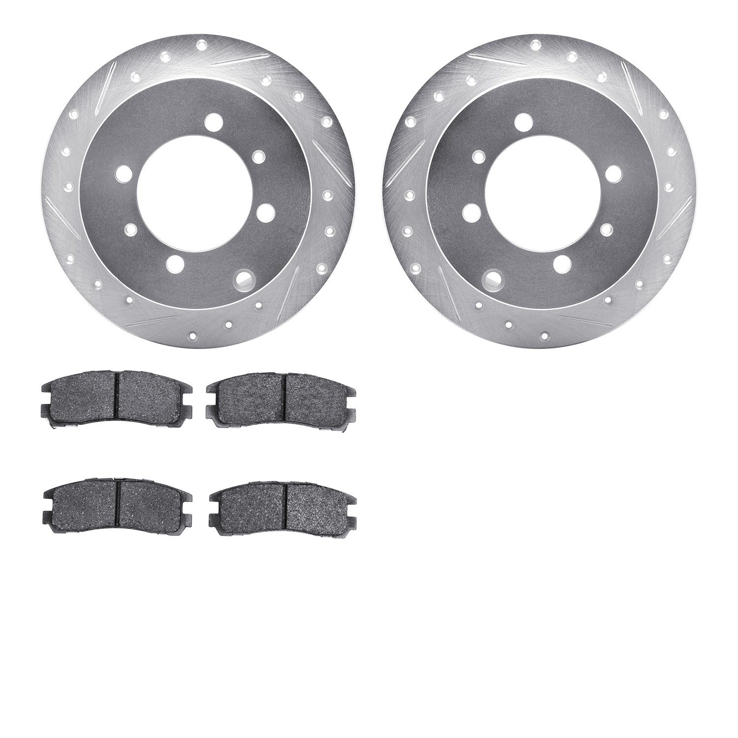 7502-72020 Drilled/Slotted Brake Rotors w/5000 Advanced Brake Pads Kit [Silver], 1992-1995 Multiple Makes/Models, Position: Rear