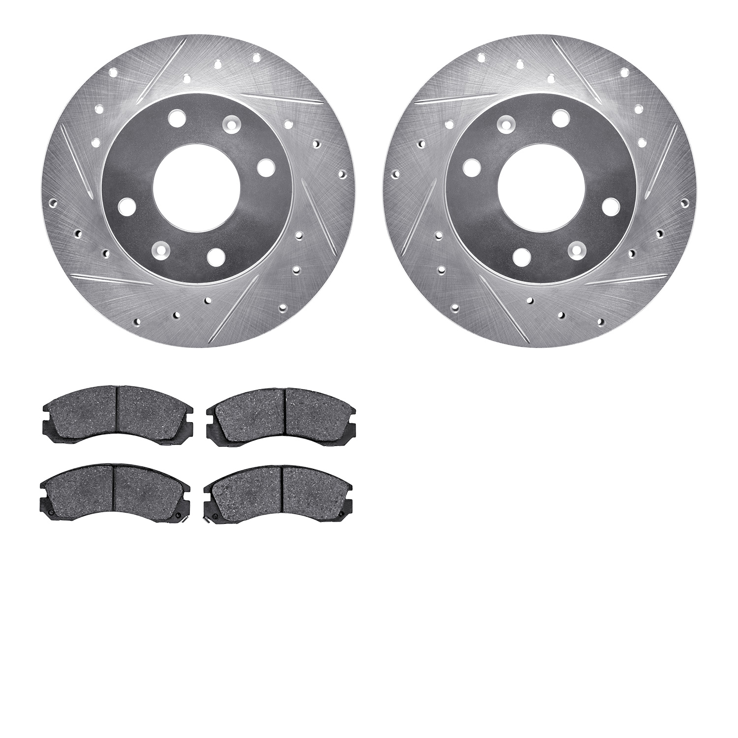 7502-72023 Drilled/Slotted Brake Rotors w/5000 Advanced Brake Pads Kit [Silver], 1998-1998 Mitsubishi, Position: Front