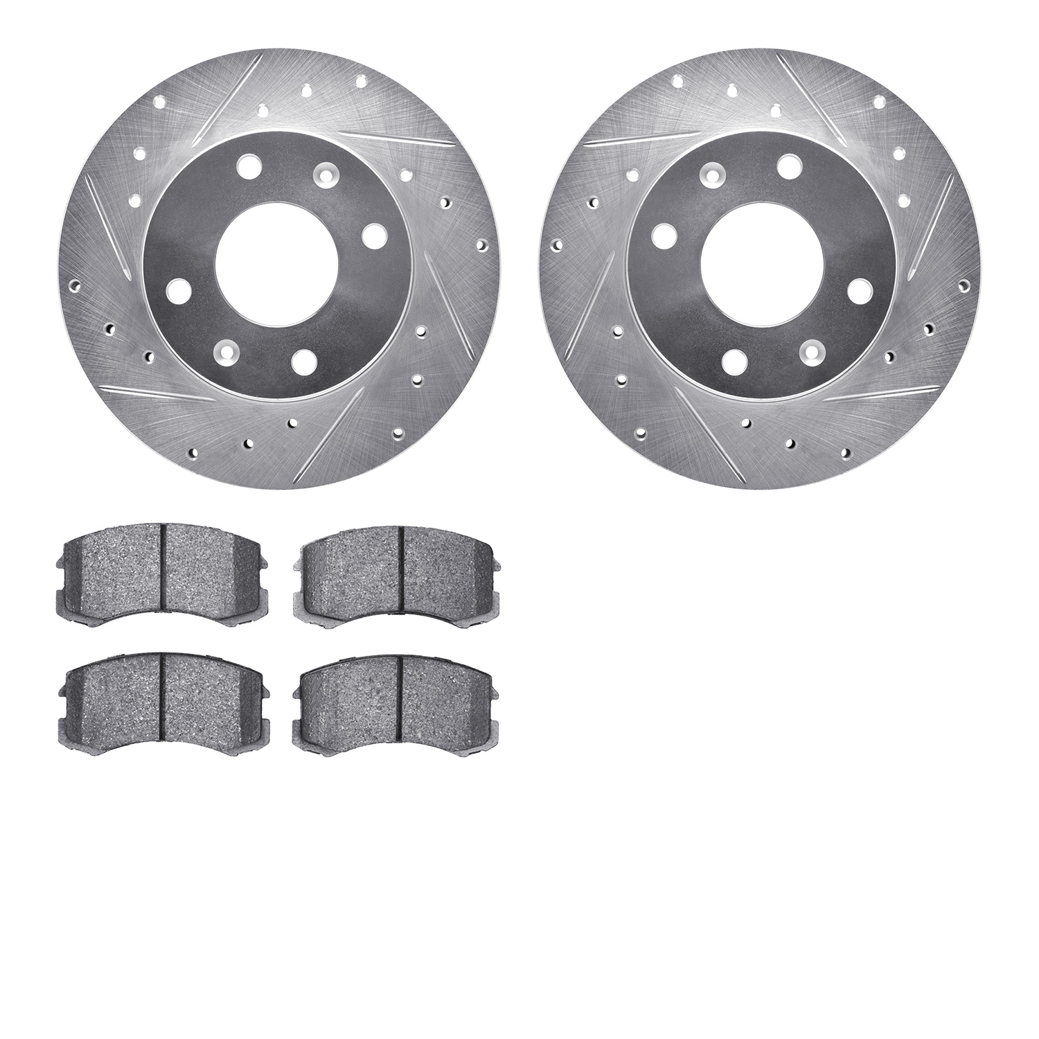 7502-72025 Drilled/Slotted Brake Rotors w/5000 Advanced Brake Pads Kit [Silver], 2002-2007 Mitsubishi, Position: Front