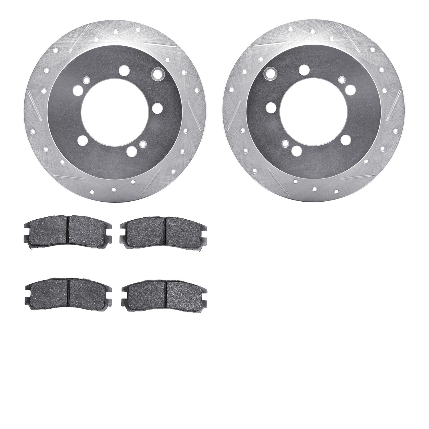 7502-72032 Drilled/Slotted Brake Rotors w/5000 Advanced Brake Pads Kit [Silver], 1994-2005 Multiple Makes/Models, Position: Rear