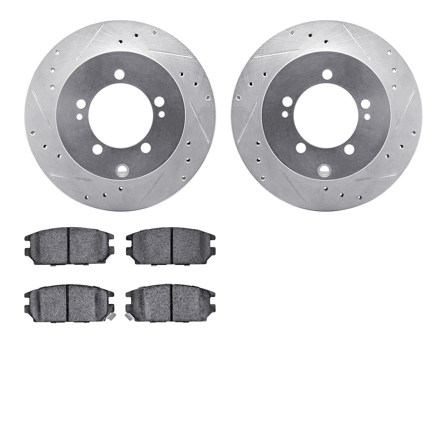 7502-72033 Drilled/Slotted Brake Rotors w/5000 Advanced Brake Pads Kit [Silver], 1994-1995 Multiple Makes/Models, Position: Rear