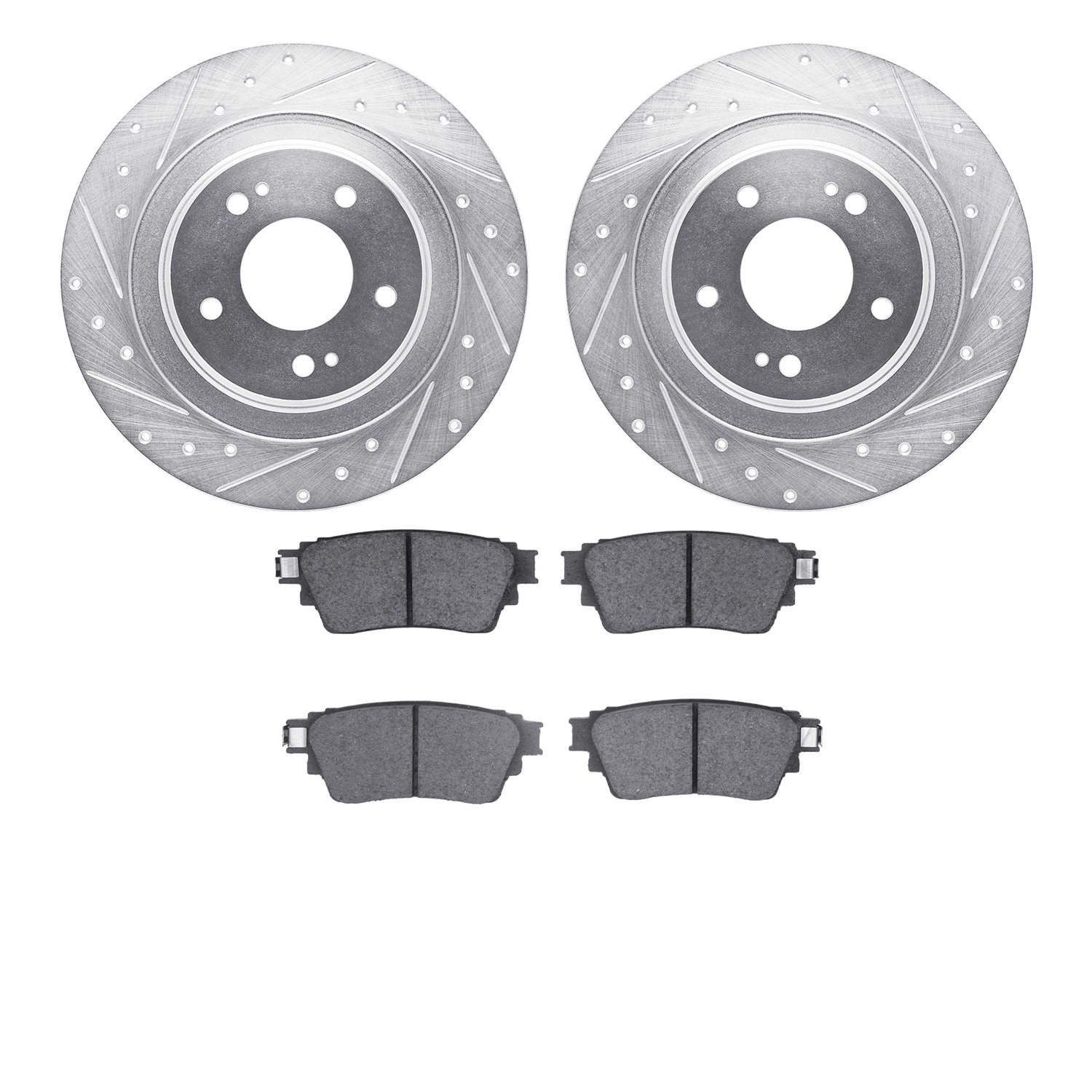 7502-72066 Drilled/Slotted Brake Rotors w/5000 Advanced Brake Pads Kit [Silver], Fits Select Mitsubishi, Position: Rear