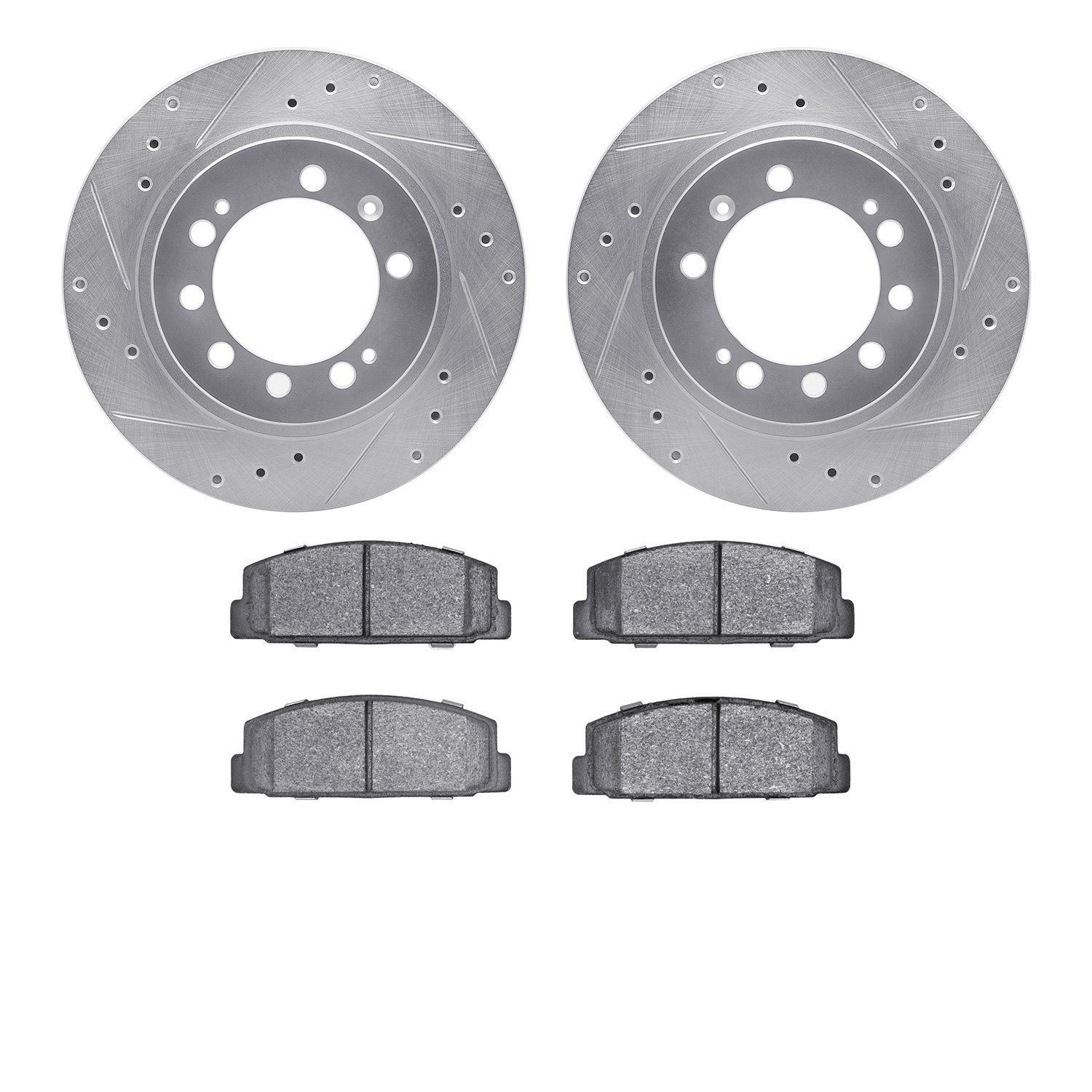 7502-72074 Drilled/Slotted Brake Rotors w/5000 Advanced Brake Pads Kit [Silver], 1983-1989 Multiple Makes/Models, Position: Rear