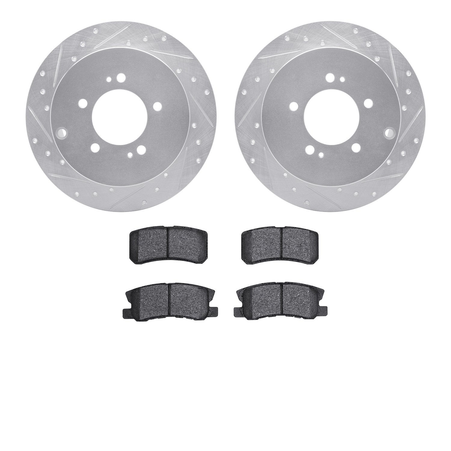 7502-72075 Drilled/Slotted Brake Rotors w/5000 Advanced Brake Pads Kit [Silver], 2007-2015 Mitsubishi, Position: Rear