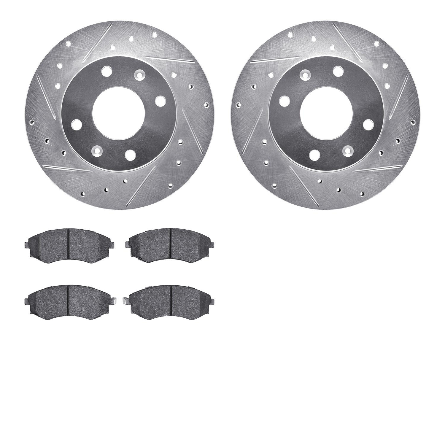 7502-72142 Drilled/Slotted Brake Rotors w/5000 Advanced Brake Pads Kit [Silver], 1999-2001 Kia/Hyundai/Genesis, Position: Front