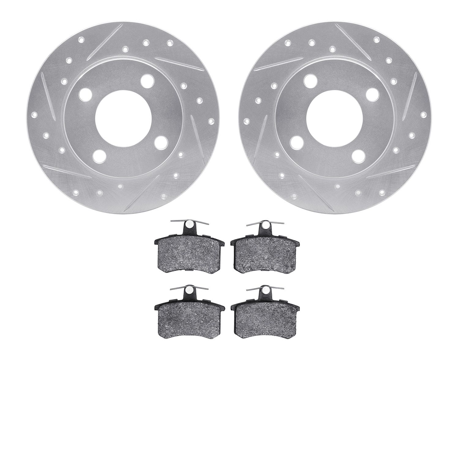 7502-73010 Drilled/Slotted Brake Rotors w/5000 Advanced Brake Pads Kit [Silver], 1984-1995 Audi/Volkswagen, Position: Rear