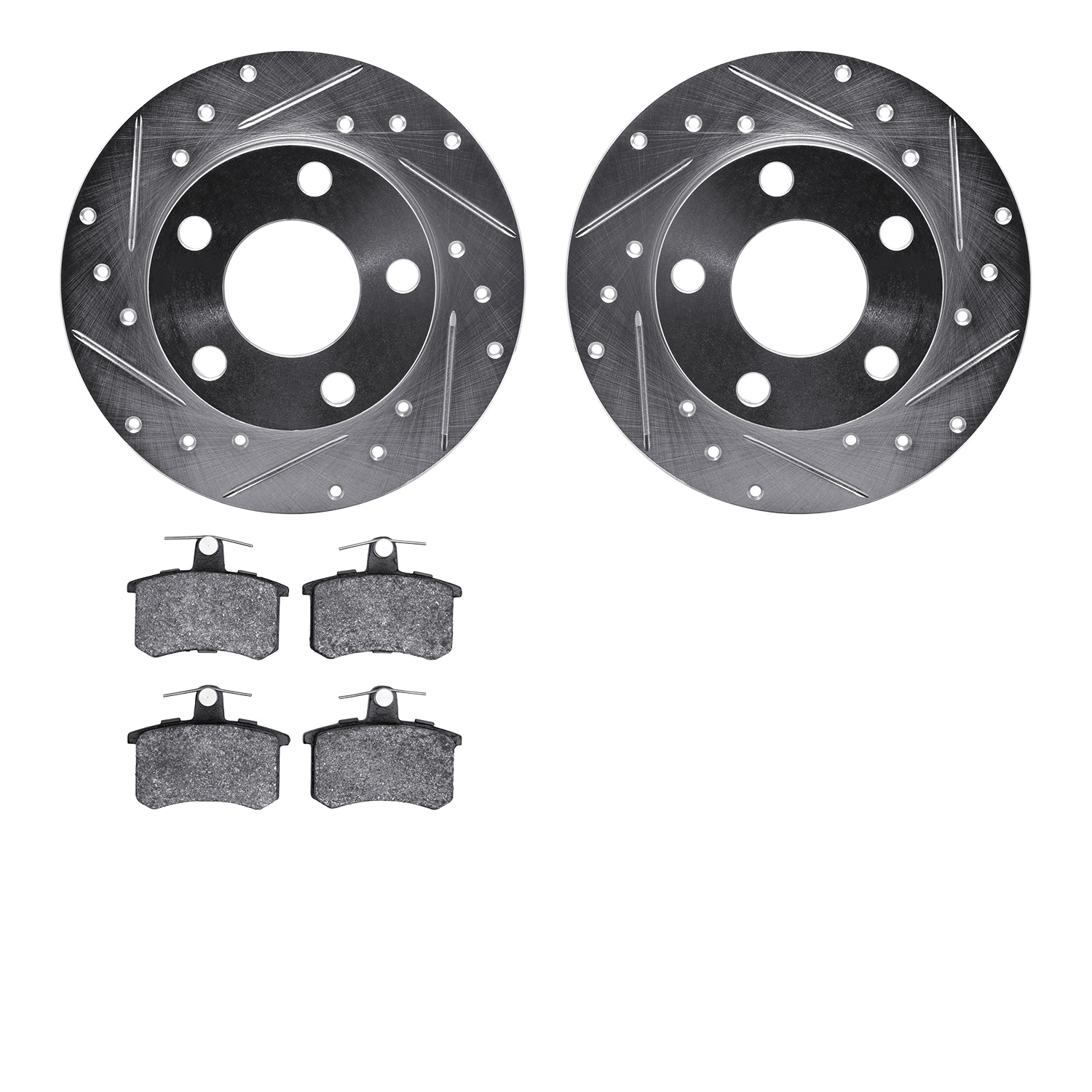 7502-73013 Drilled/Slotted Brake Rotors w/5000 Advanced Brake Pads Kit [Silver], 1986-2000 Audi/Volkswagen, Position: Rear