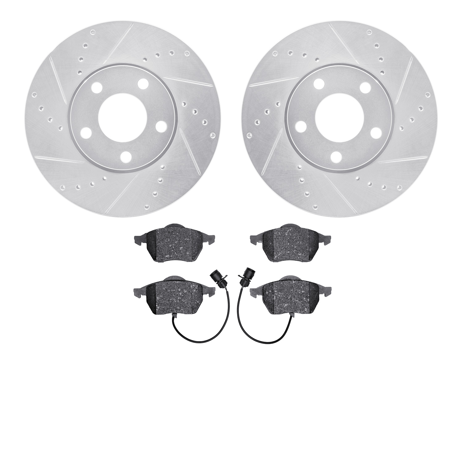 7502-73044 Drilled/Slotted Brake Rotors w/5000 Advanced Brake Pads Kit [Silver], 1992-1998 Audi/Volkswagen, Position: Front