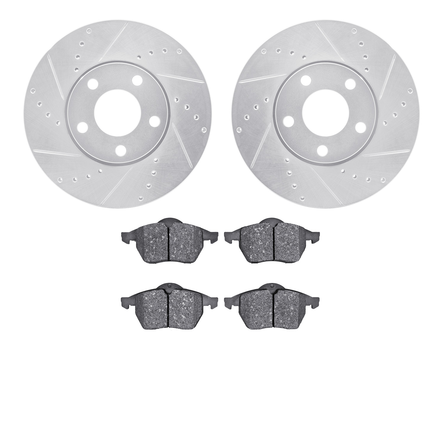 7502-73045 Drilled/Slotted Brake Rotors w/5000 Advanced Brake Pads Kit [Silver], 1996-1999 Audi/Volkswagen, Position: Front