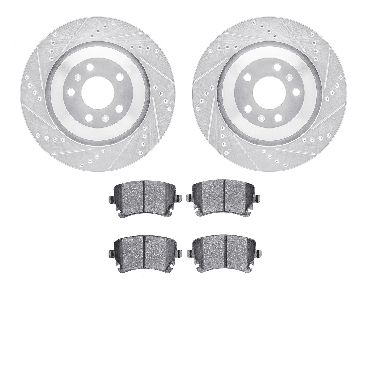 7502-73055 Drilled/Slotted Brake Rotors w/5000 Advanced Brake Pads Kit [Silver], 2004-2018 Multiple Makes/Models, Position: Rear