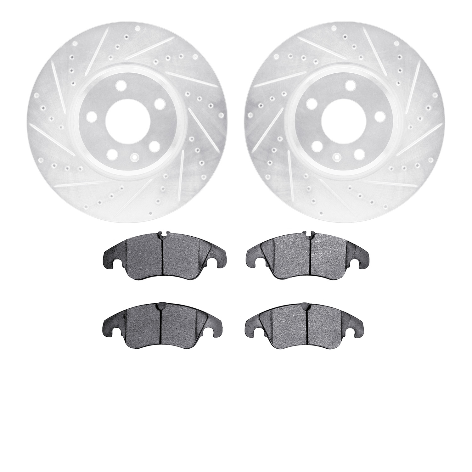 7502-73065 Drilled/Slotted Brake Rotors w/5000 Advanced Brake Pads Kit [Silver], 2008-2011 Audi/Volkswagen, Position: Front