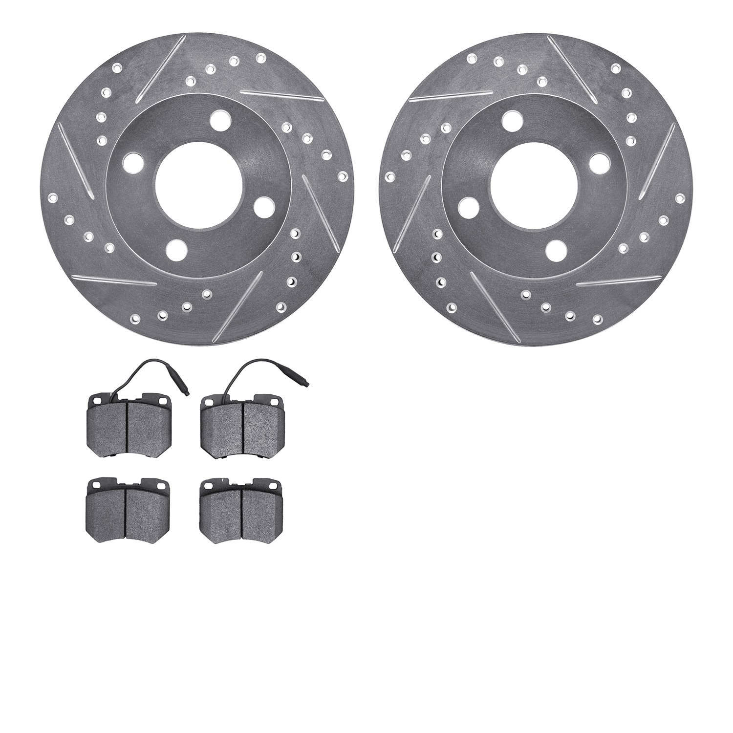 7502-73079 Drilled/Slotted Brake Rotors w/5000 Advanced Brake Pads Kit [Silver], 1978-1979 Audi/Volkswagen, Position: Front