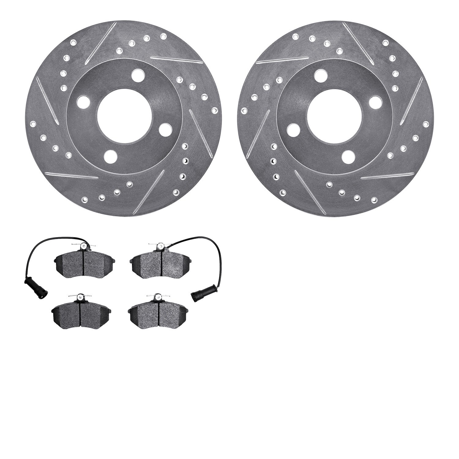 7502-73080 Drilled/Slotted Brake Rotors w/5000 Advanced Brake Pads Kit [Silver], 1983-1991 Audi/Volkswagen, Position: Front