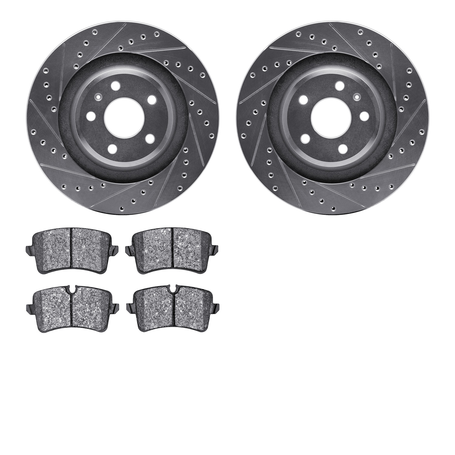 7502-73081 Drilled/Slotted Brake Rotors w/5000 Advanced Brake Pads Kit [Silver], 2014-2018 Audi/Volkswagen, Position: Rear