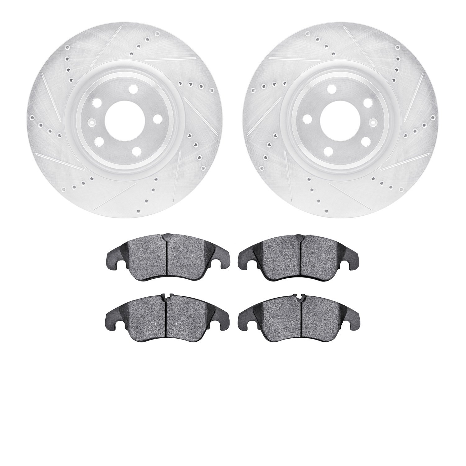 7502-73084 Drilled/Slotted Brake Rotors w/5000 Advanced Brake Pads Kit [Silver], 2012-2015 Audi/Volkswagen, Position: Front