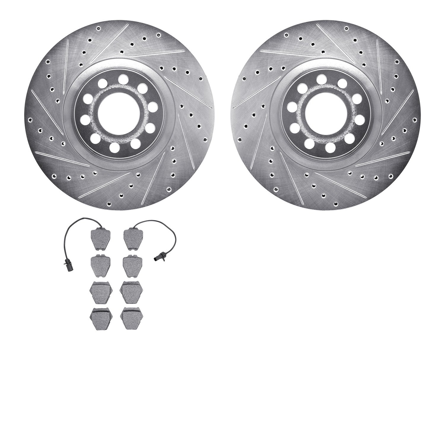 7502-73190 Drilled/Slotted Brake Rotors w/5000 Advanced Brake Pads Kit [Silver], 1999-2004 Audi/Volkswagen, Position: Front