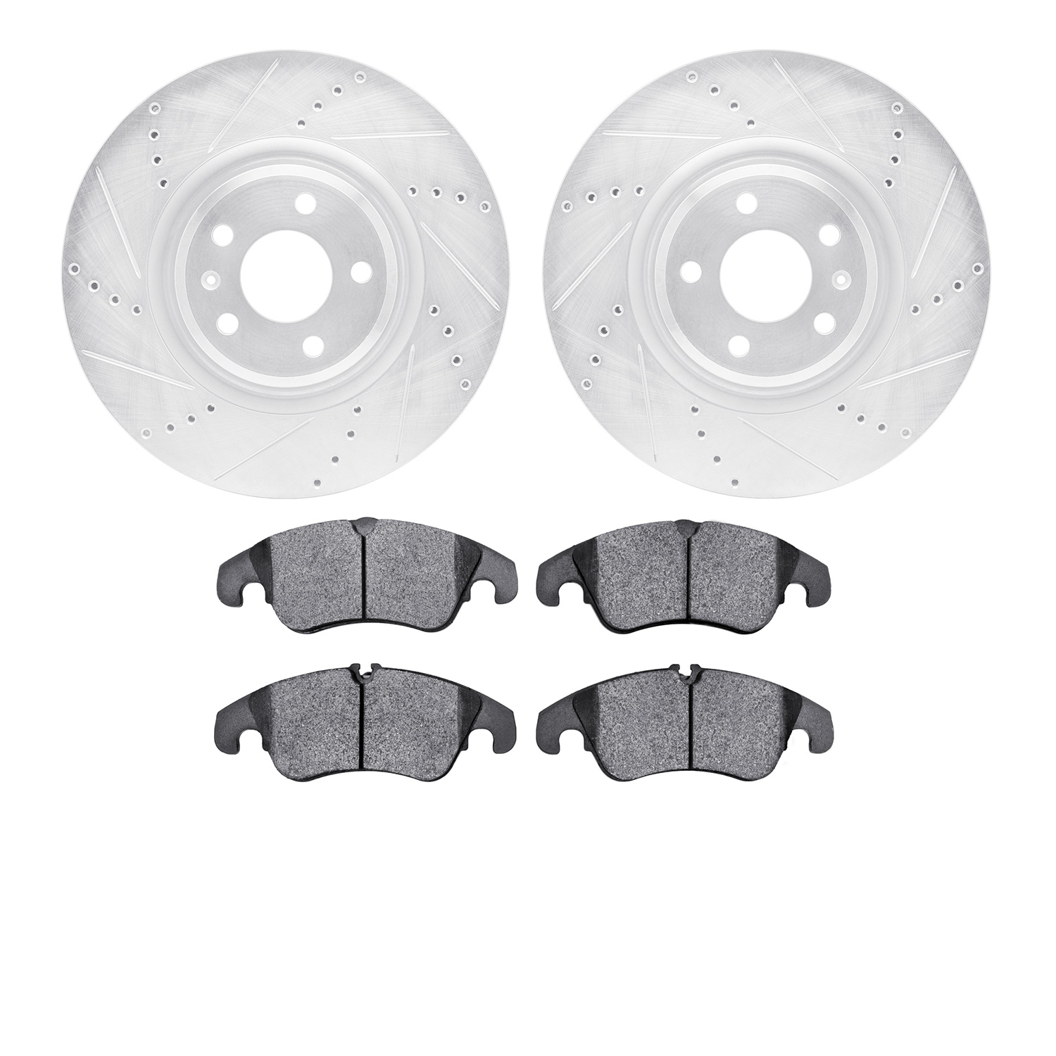 7502-73407 Drilled/Slotted Brake Rotors w/5000 Advanced Brake Pads Kit [Silver], 2012-2017 Audi/Volkswagen, Position: Front
