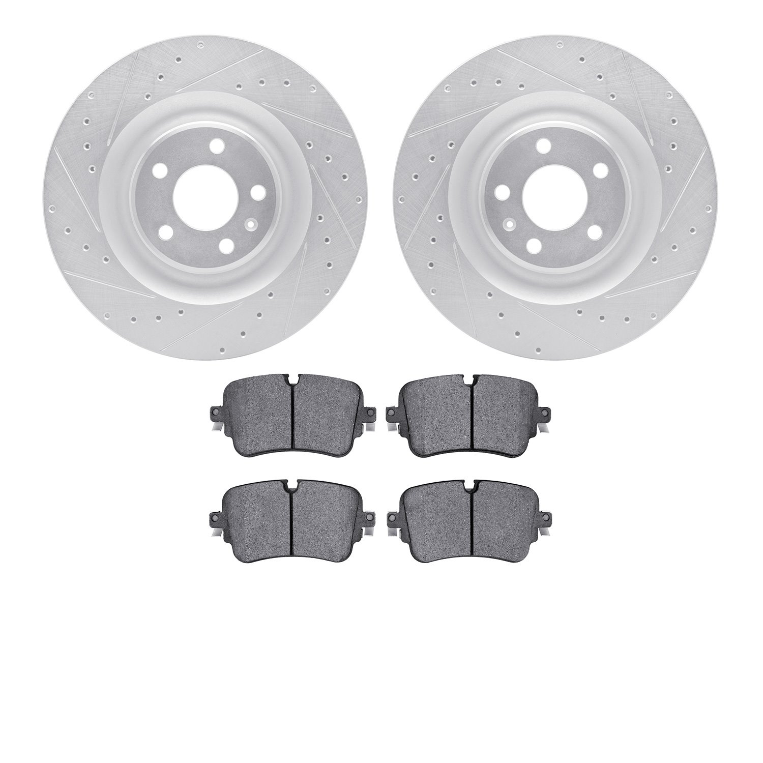 7502-73426 Drilled/Slotted Brake Rotors w/5000 Advanced Brake Pads Kit [Silver], 2019-2020 Audi/Volkswagen, Position: Rear
