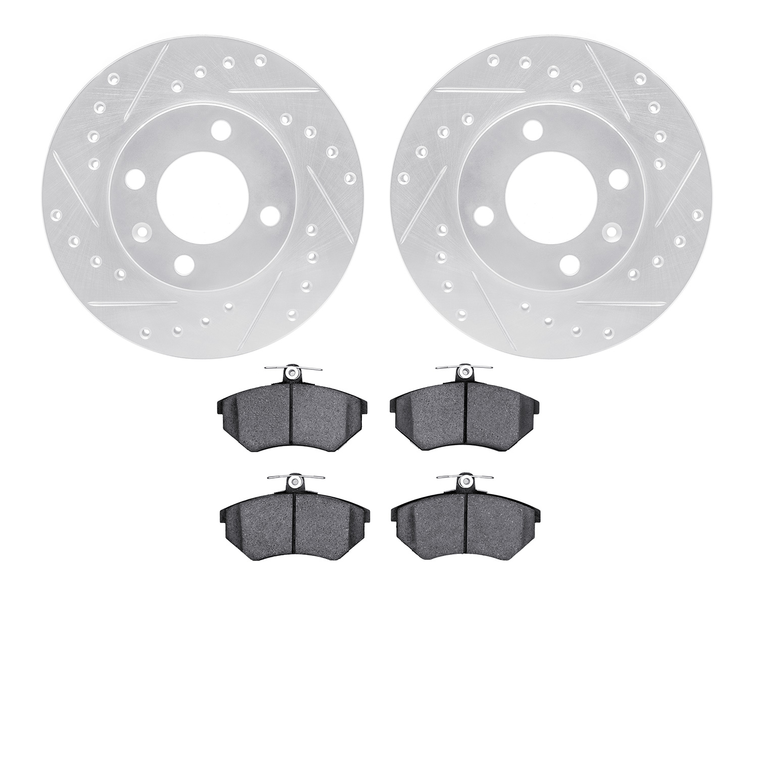 7502-74004 Drilled/Slotted Brake Rotors w/5000 Advanced Brake Pads Kit [Silver], 1988-1988 Audi/Volkswagen, Position: Front