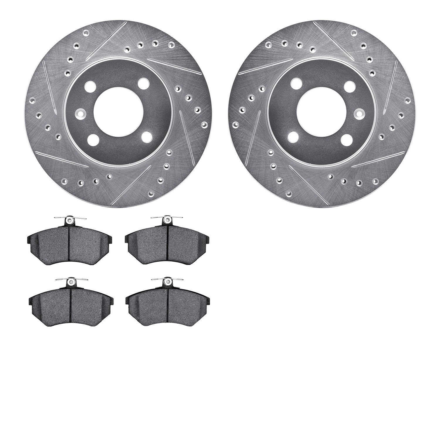 7502-74007 Drilled/Slotted Brake Rotors w/5000 Advanced Brake Pads Kit [Silver], 1986-2008 Audi/Volkswagen, Position: Front