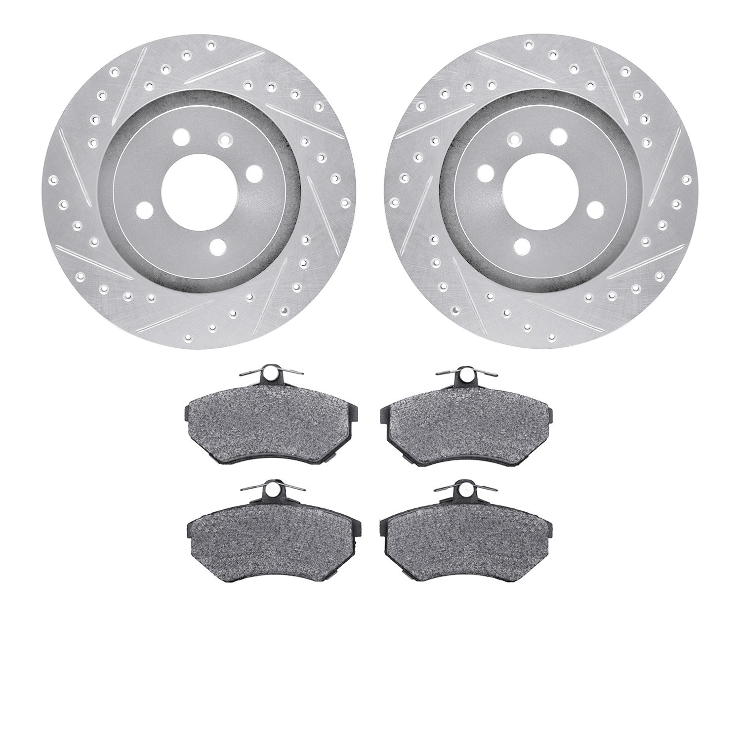7502-74011 Drilled/Slotted Brake Rotors w/5000 Advanced Brake Pads Kit [Silver], 1990-1993 Audi/Volkswagen, Position: Front