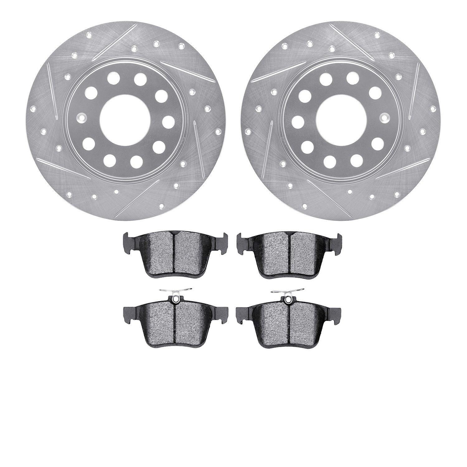 7502-74029 Drilled/Slotted Brake Rotors w/5000 Advanced Brake Pads Kit [Silver], 2013-2021 Multiple Makes/Models, Position: Rear