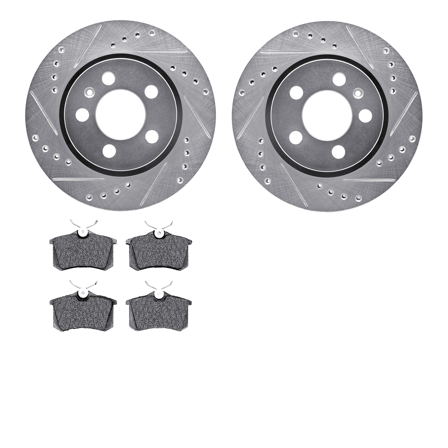 7502-74045 Drilled/Slotted Brake Rotors w/5000 Advanced Brake Pads Kit [Silver], 2000-2006 Audi/Volkswagen, Position: Rear