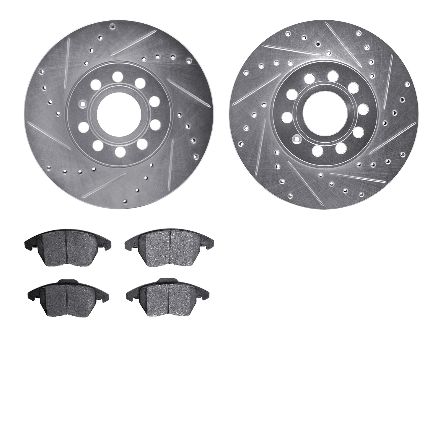 7502-74052 Drilled/Slotted Brake Rotors w/5000 Advanced Brake Pads Kit [Silver], 2005-2013 Audi/Volkswagen, Position: Front