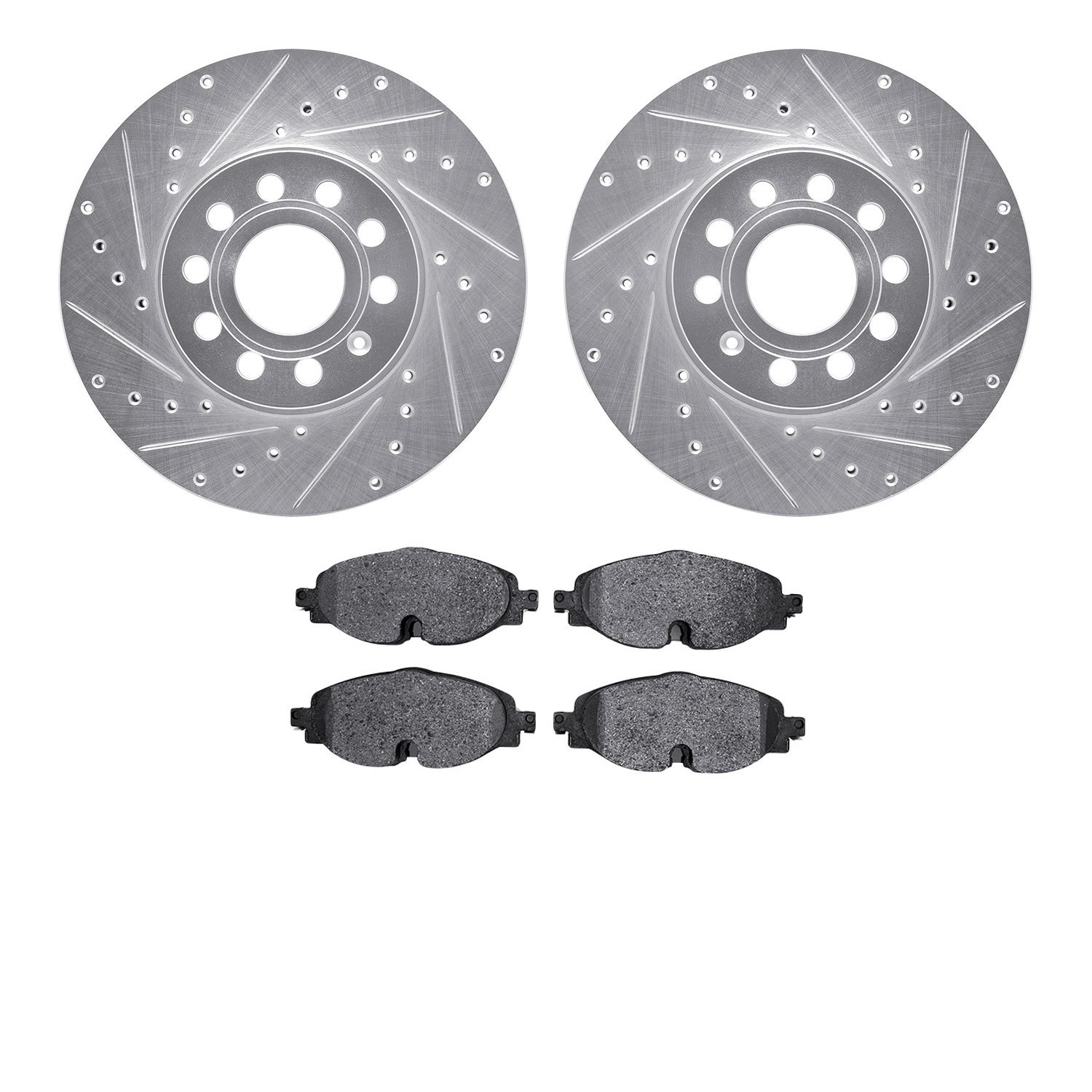 7502-74055 Drilled/Slotted Brake Rotors w/5000 Advanced Brake Pads Kit [Silver], Fits Select Audi/Volkswagen, Position: Front