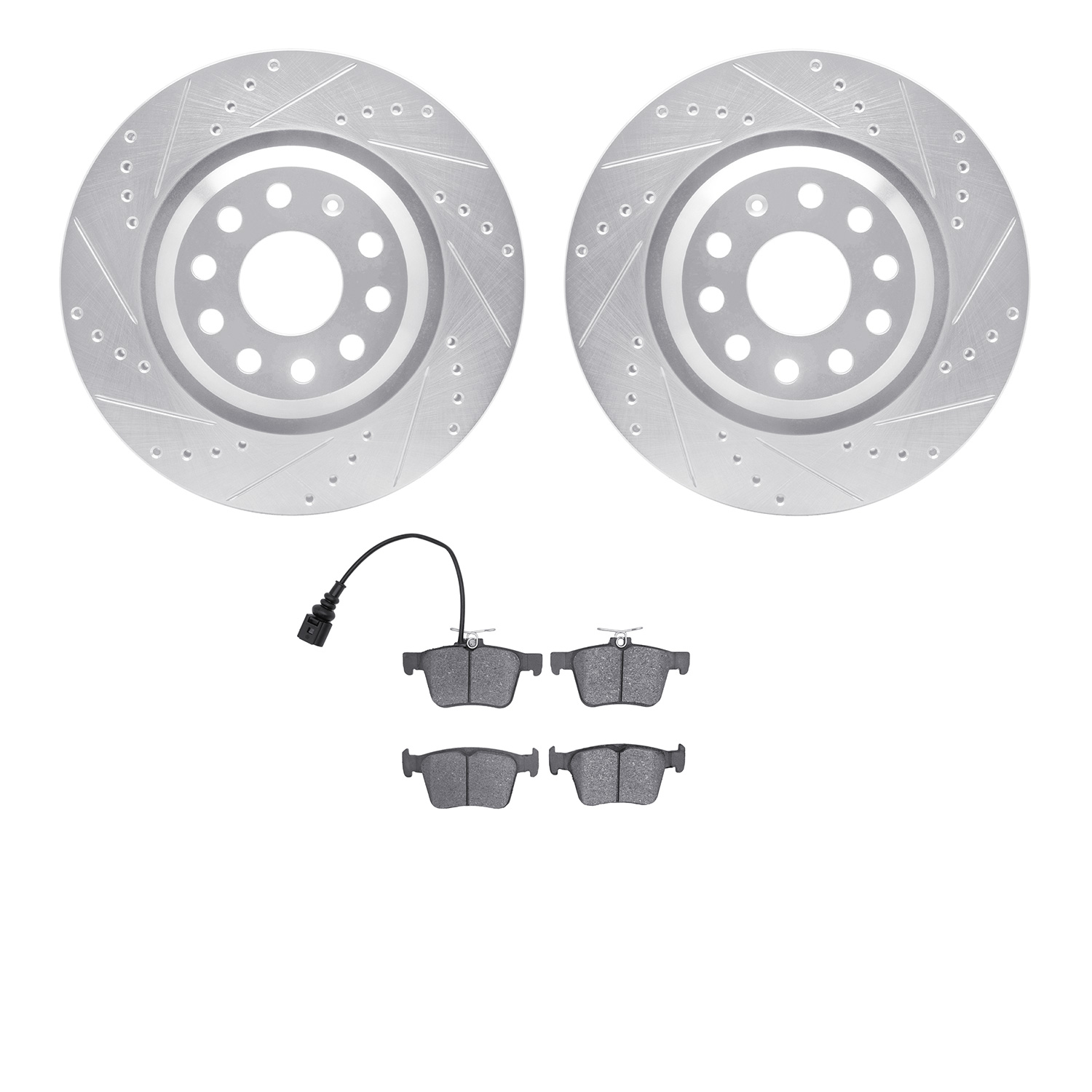 7502-74059 Drilled/Slotted Brake Rotors w/5000 Advanced Brake Pads Kit [Silver], Fits Select Audi/Volkswagen, Position: Rear