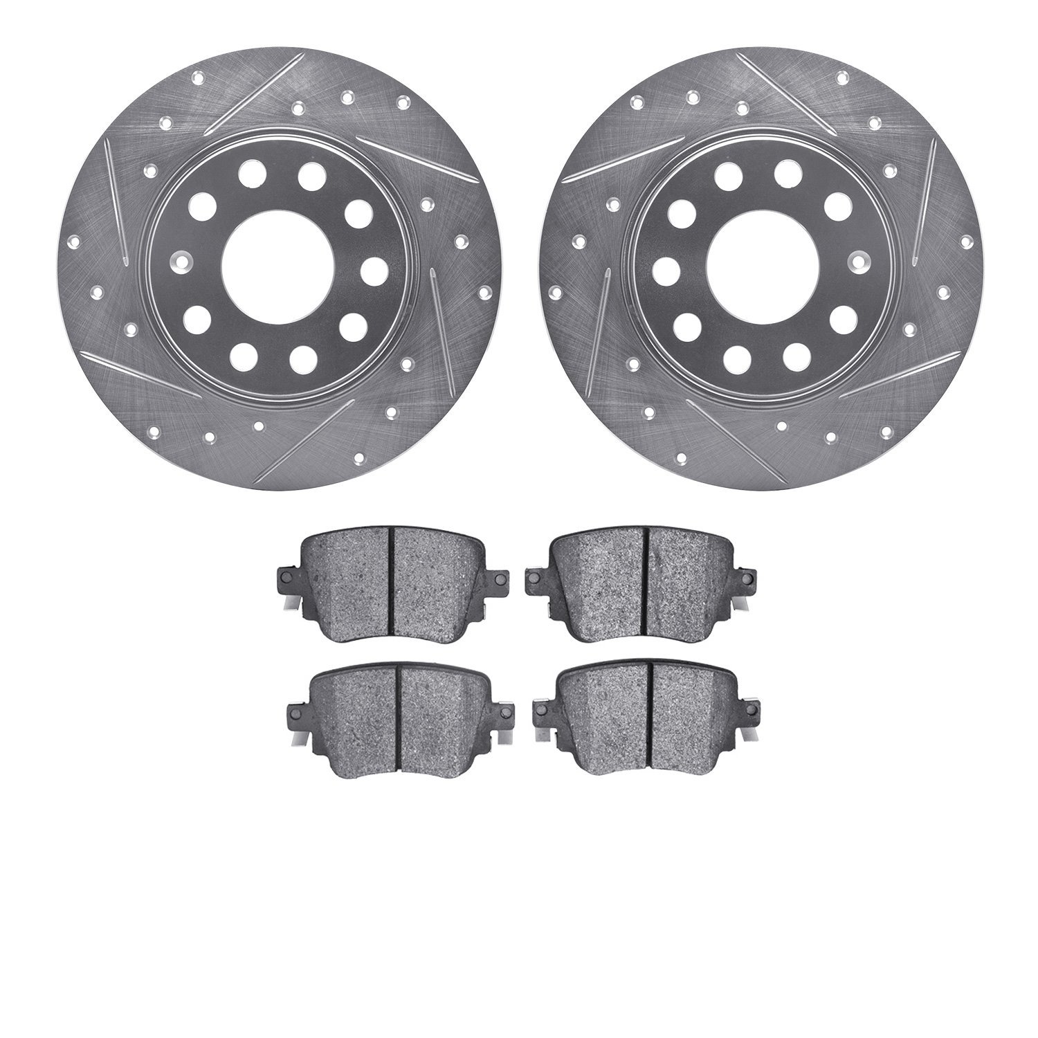 7502-74061 Drilled/Slotted Brake Rotors w/5000 Advanced Brake Pads Kit [Silver], Fits Select Audi/Volkswagen, Position: Rear