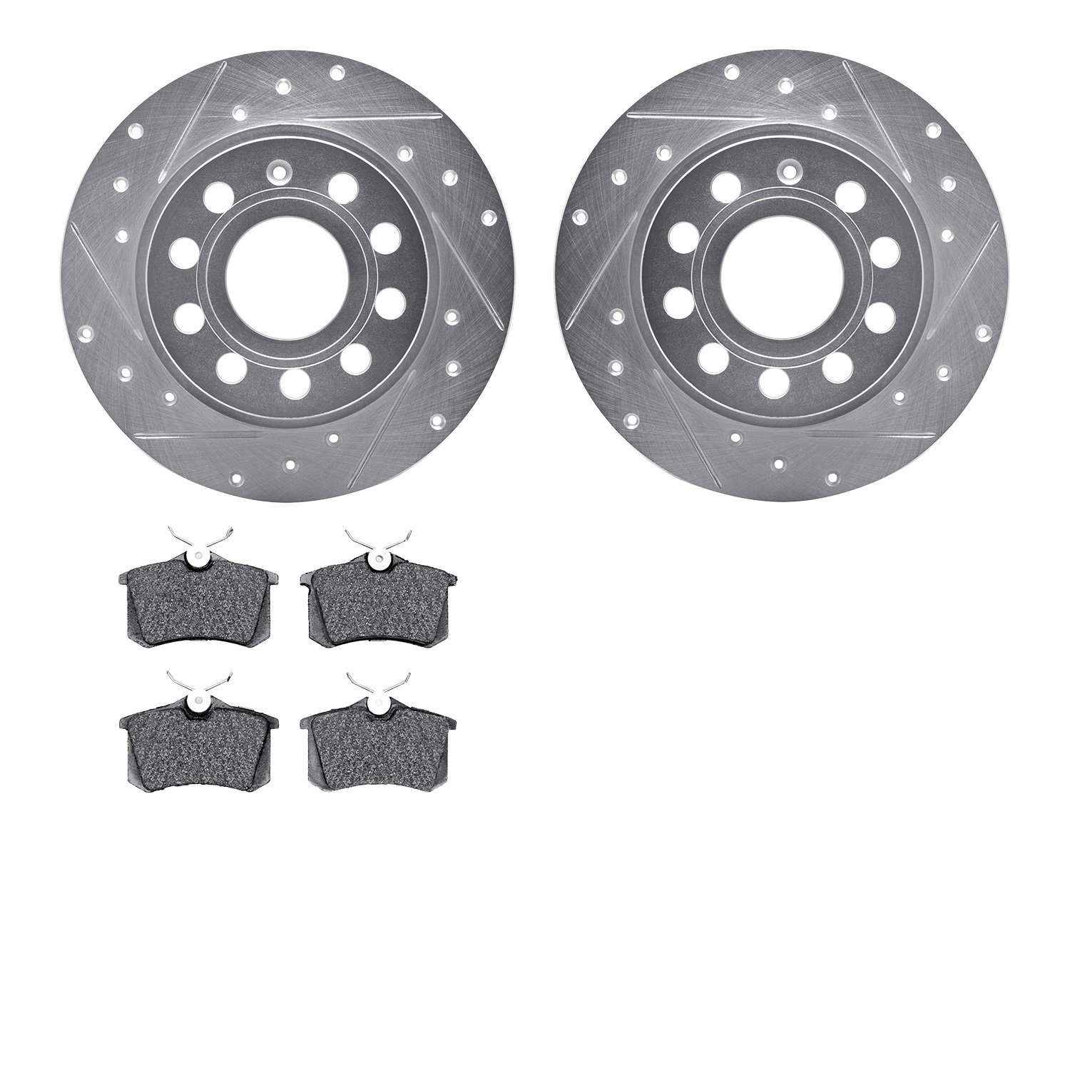 7502-74066 Drilled/Slotted Brake Rotors w/5000 Advanced Brake Pads Kit [Silver], 2012-2019 Audi/Volkswagen, Position: Rear