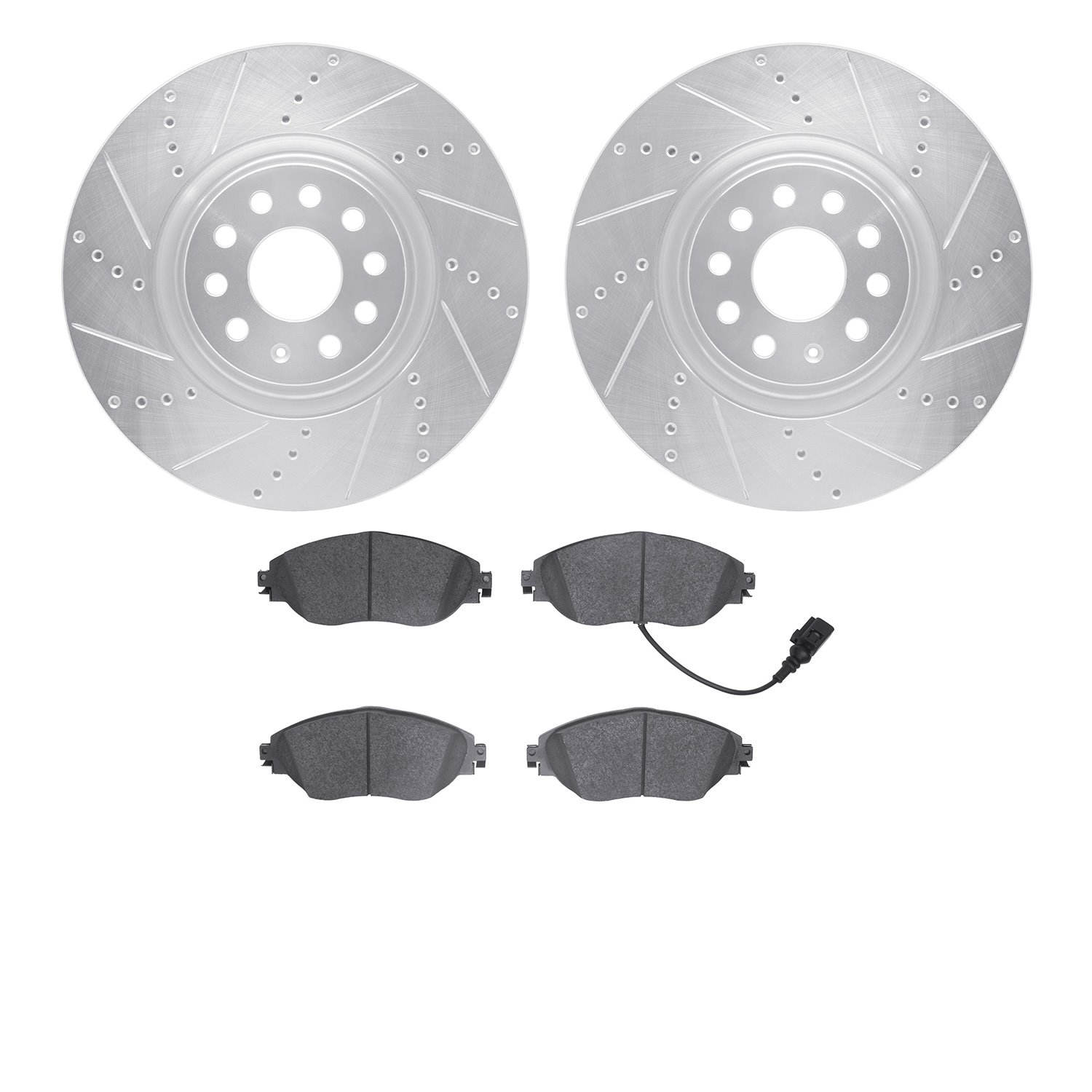 7502-74067 Drilled/Slotted Brake Rotors w/5000 Advanced Brake Pads Kit [Silver], 2012-2020 Audi/Volkswagen, Position: Front