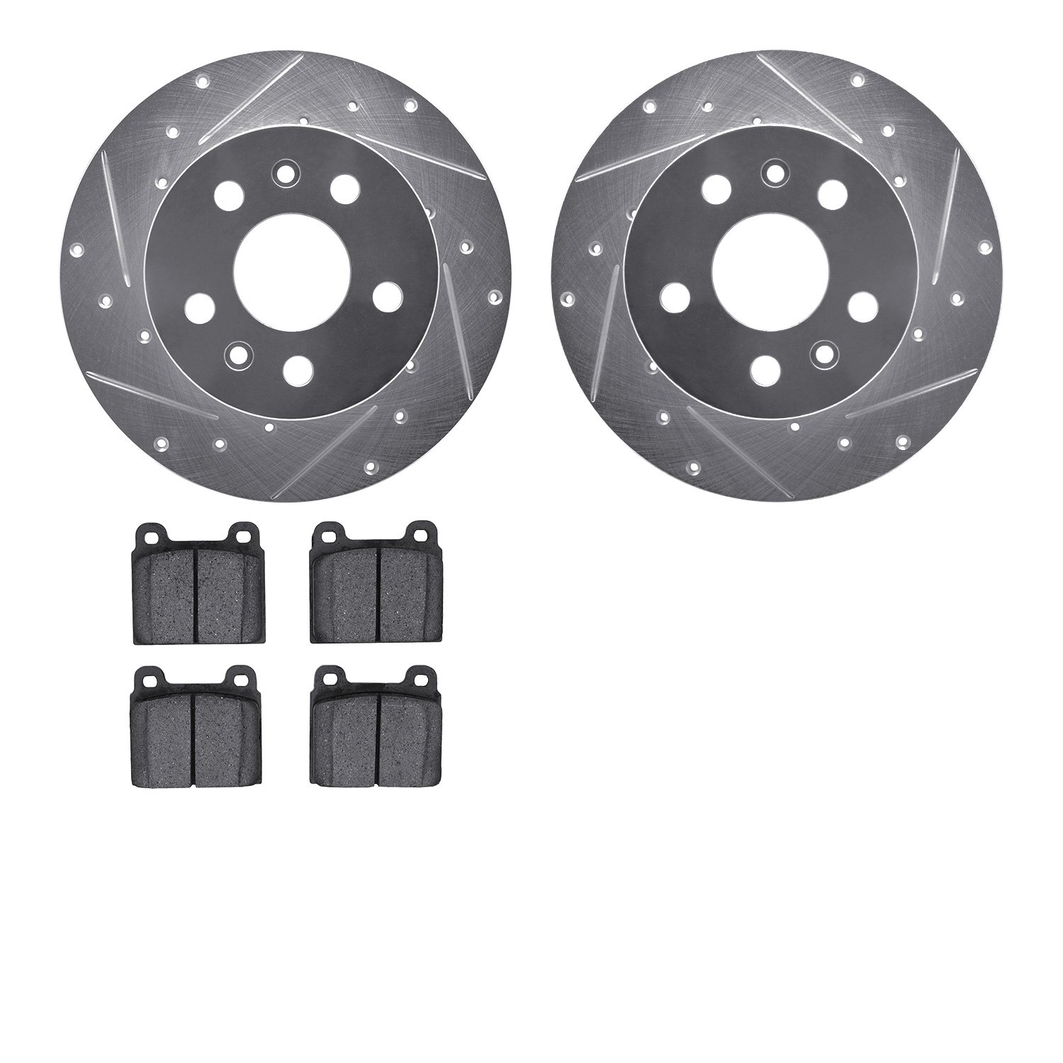 7502-74070 Drilled/Slotted Brake Rotors w/5000 Advanced Brake Pads Kit [Silver], 1972-1978 Audi/Volkswagen, Position: Front