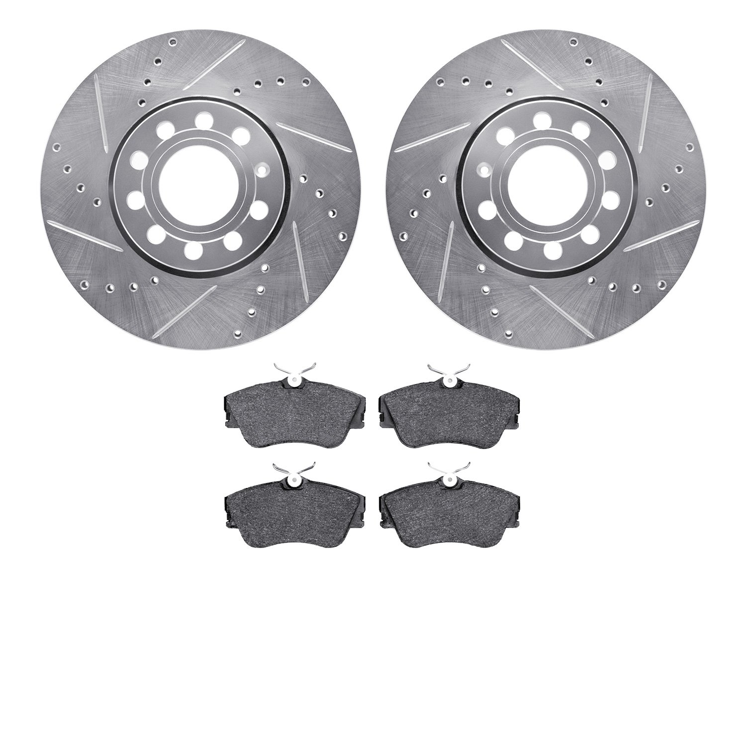 7502-74072 Drilled/Slotted Brake Rotors w/5000 Advanced Brake Pads Kit [Silver], 1992-1995 Audi/Volkswagen, Position: Front