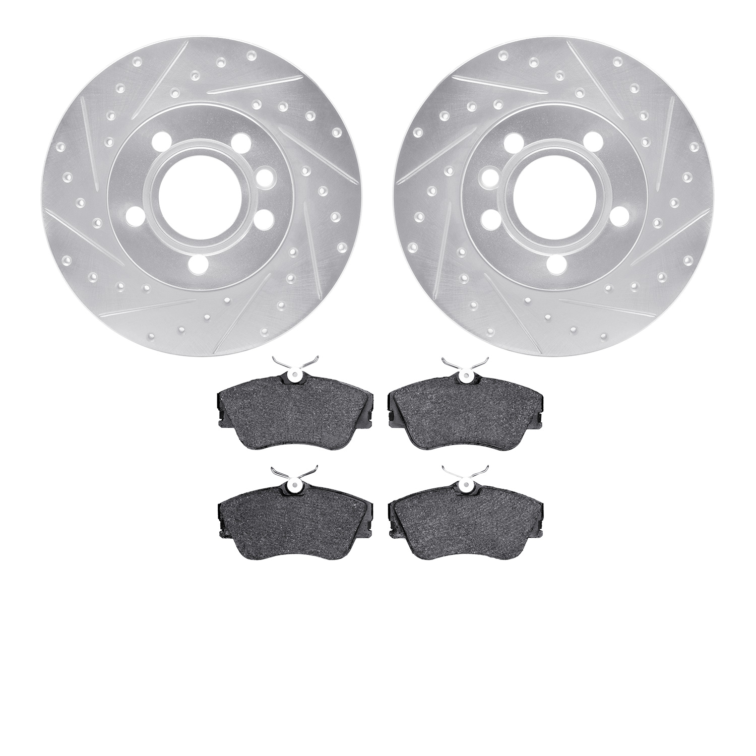 7502-74073 Drilled/Slotted Brake Rotors w/5000 Advanced Brake Pads Kit [Silver], 1996-1999 Audi/Volkswagen, Position: Front