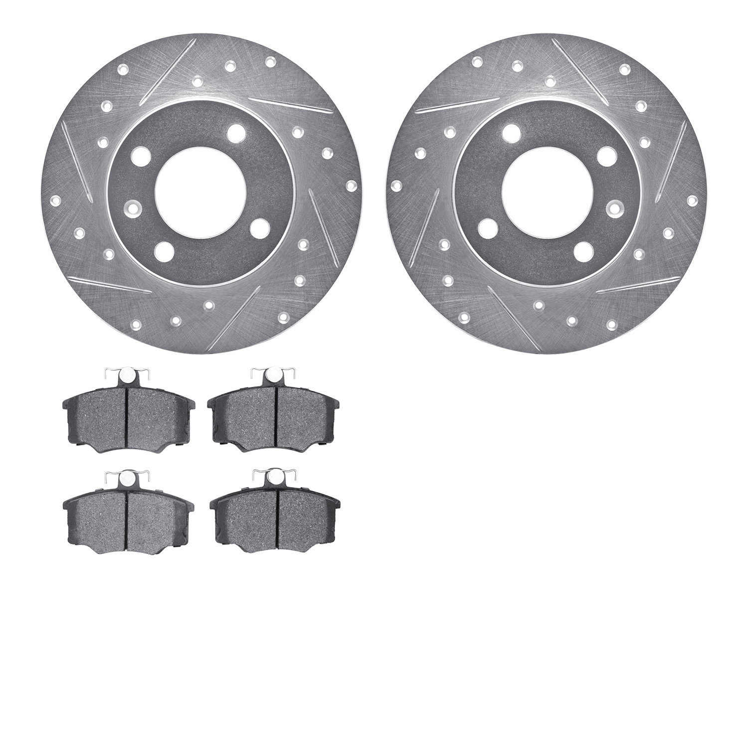 7502-74076 Drilled/Slotted Brake Rotors w/5000 Advanced Brake Pads Kit [Silver], 1977-1983 Audi/Volkswagen, Position: Front