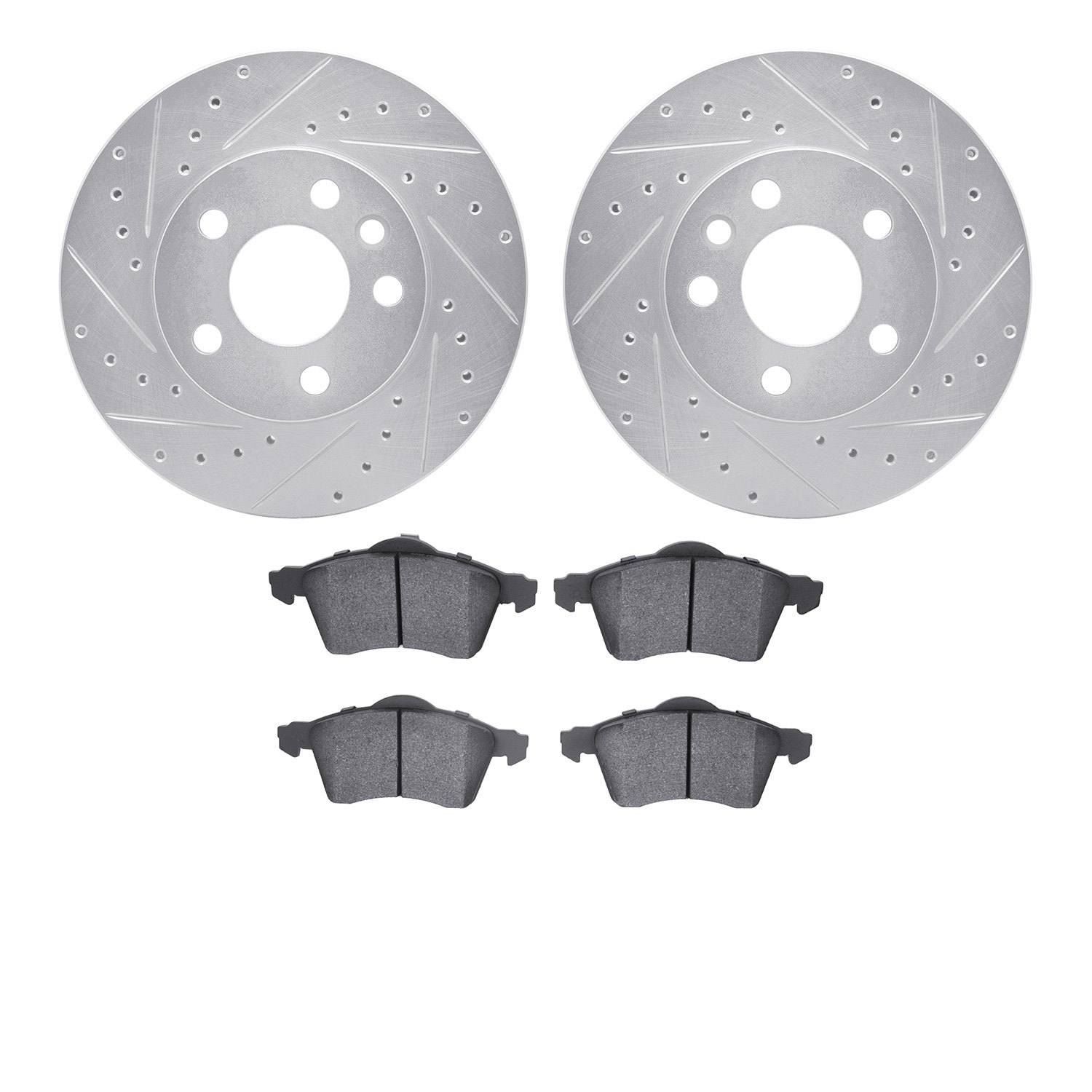7502-74080 Drilled/Slotted Brake Rotors w/5000 Advanced Brake Pads Kit [Silver], 1996-1999 Audi/Volkswagen, Position: Front