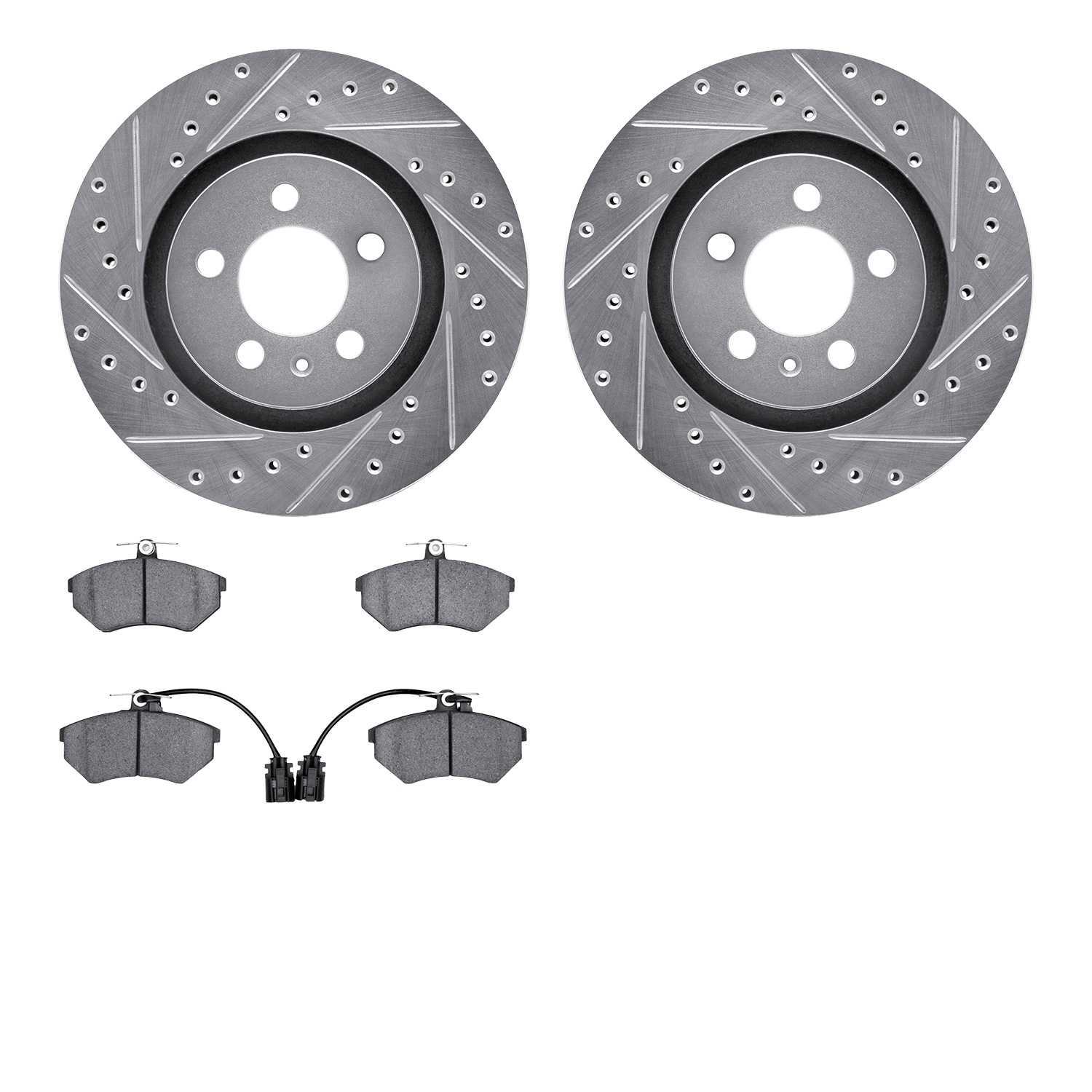 7502-74082 Drilled/Slotted Brake Rotors w/5000 Advanced Brake Pads Kit [Silver], 1994-1995 Audi/Volkswagen, Position: Front