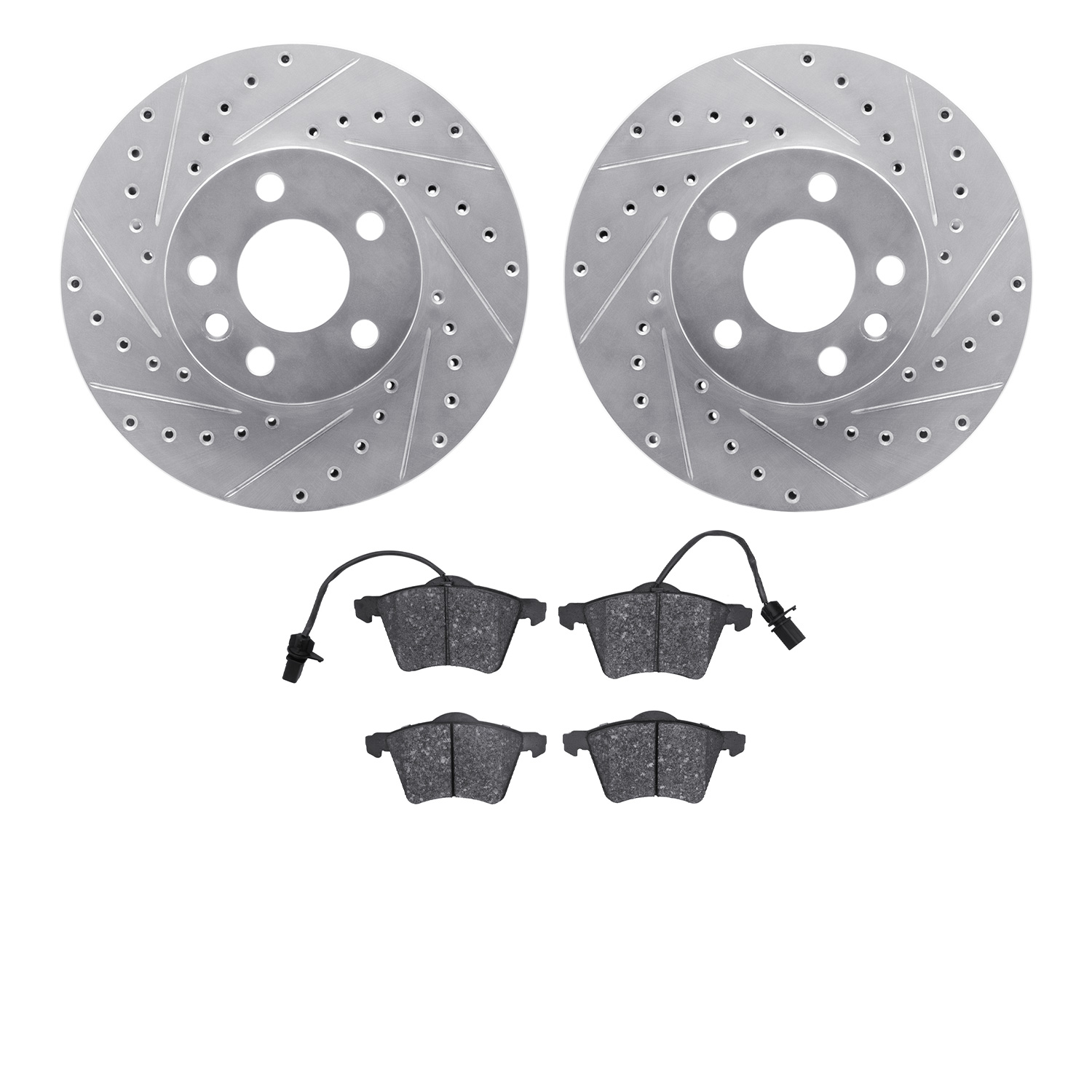 7502-74083 Drilled/Slotted Brake Rotors w/5000 Advanced Brake Pads Kit [Silver], 2001-2003 Audi/Volkswagen, Position: Front