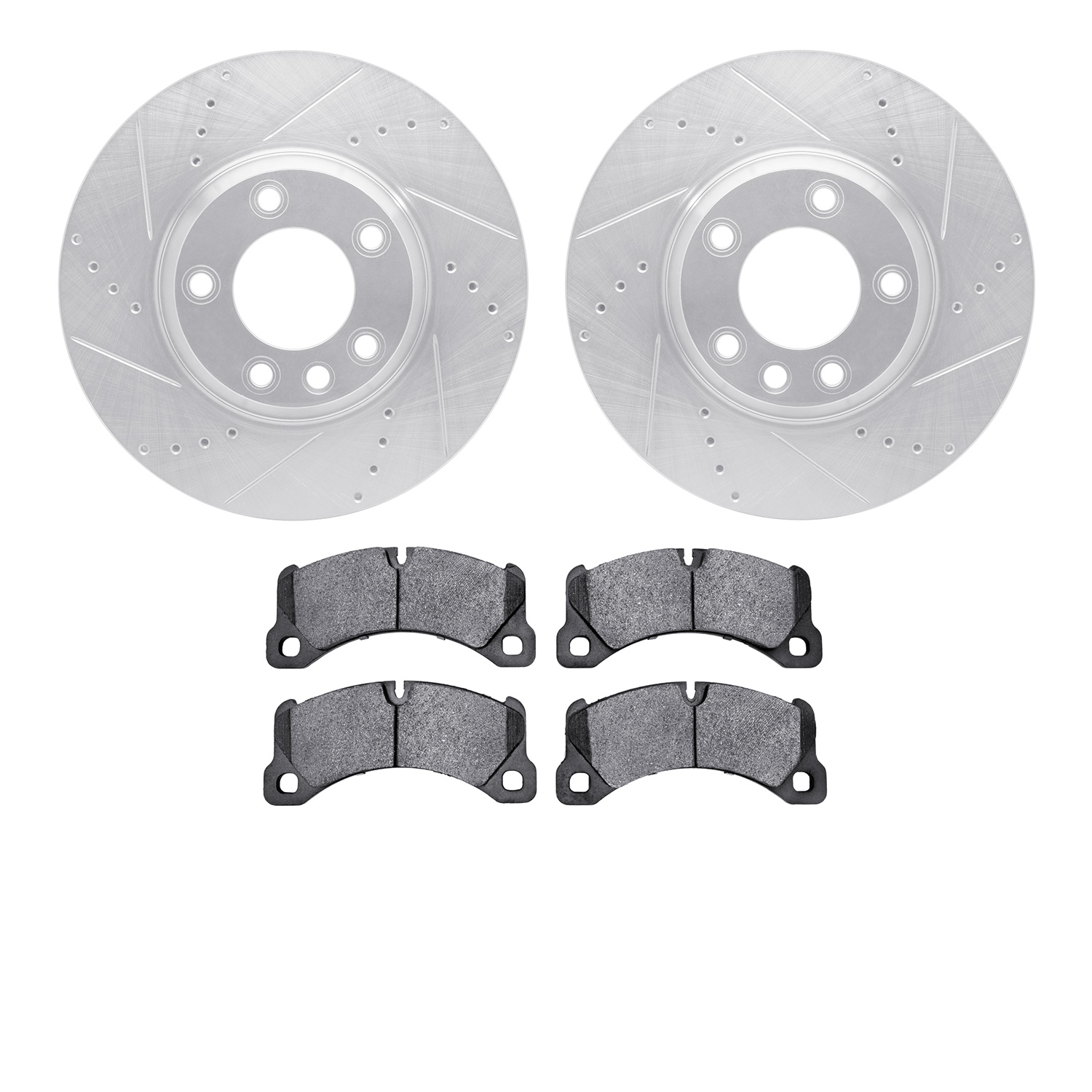 7502-74087 Drilled/Slotted Brake Rotors w/5000 Advanced Brake Pads Kit [Silver], 2011-2014 Porsche, Position: Front