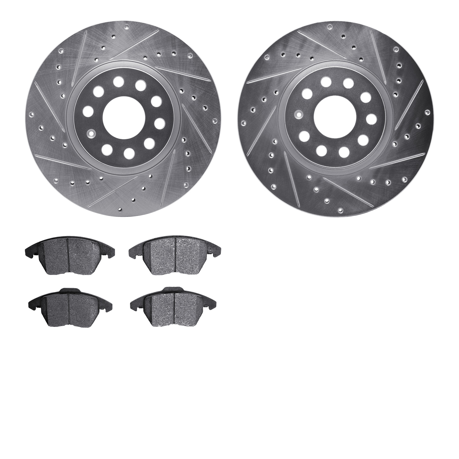 7502-74092 Drilled/Slotted Brake Rotors w/5000 Advanced Brake Pads Kit [Silver], 2006-2017 Audi/Volkswagen, Position: Front