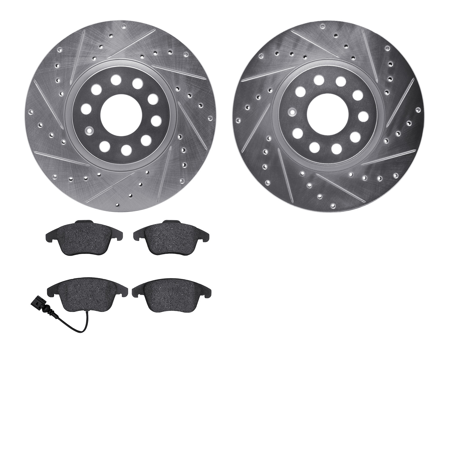7502-74096 Drilled/Slotted Brake Rotors w/5000 Advanced Brake Pads Kit [Silver], 2012-2020 Audi/Volkswagen, Position: Front