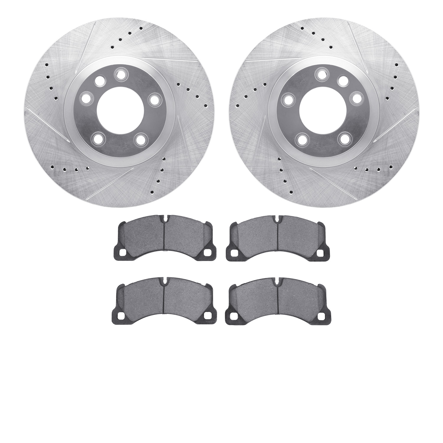 7502-74101 Drilled/Slotted Brake Rotors w/5000 Advanced Brake Pads Kit [Silver], 2011-2014 Porsche, Position: Front