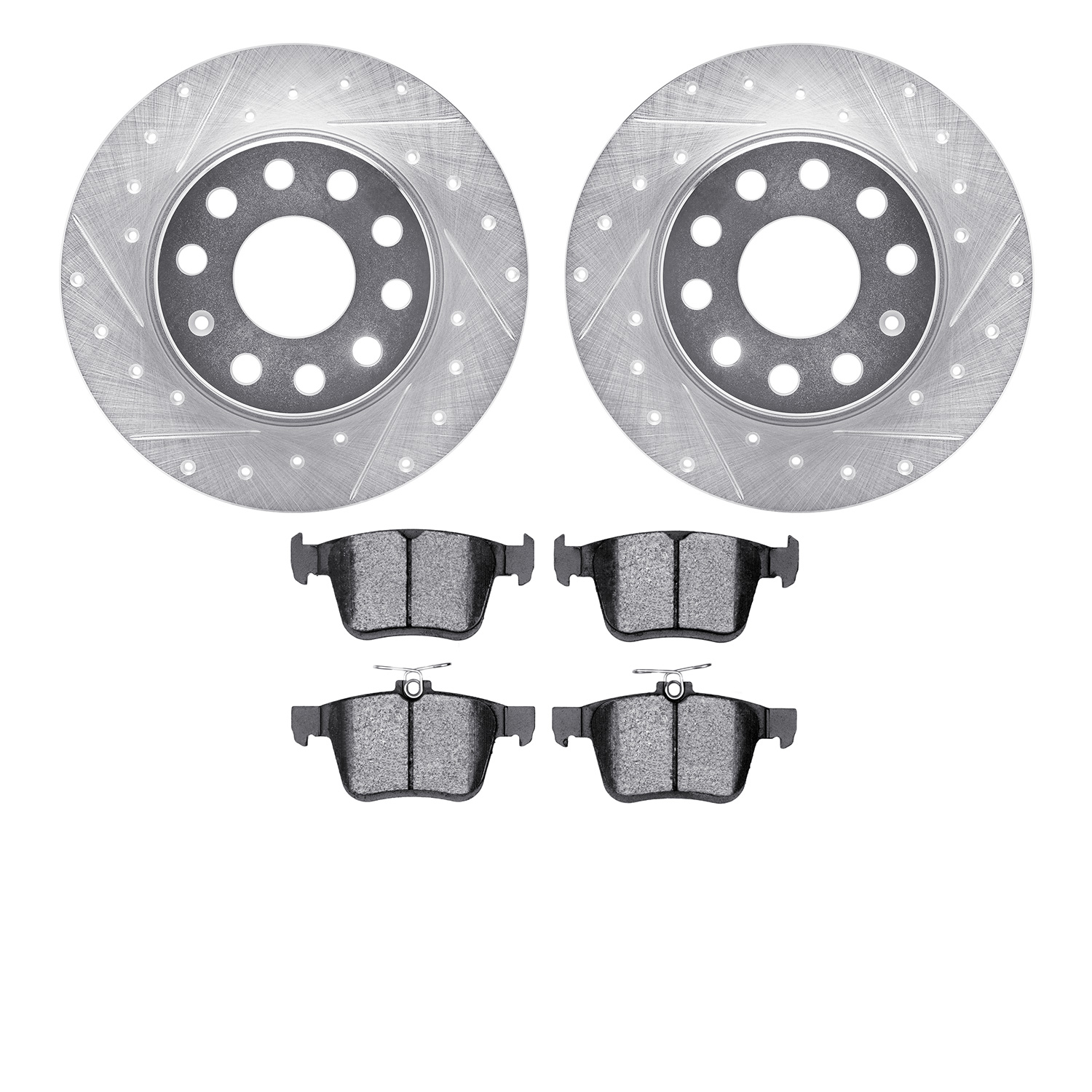 7502-74107 Drilled/Slotted Brake Rotors w/5000 Advanced Brake Pads Kit [Silver], Fits Select Audi/Volkswagen, Position: Rear